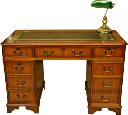 Yew Mahogany Reproduction Pedestal Desk with Leather Top and Bankers Lamp