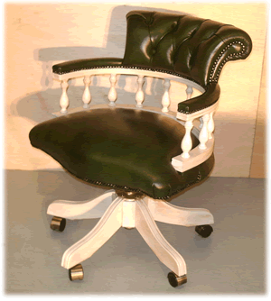 White Limed Captains Swivel Desk Chair in Green Leather with Plain Seat